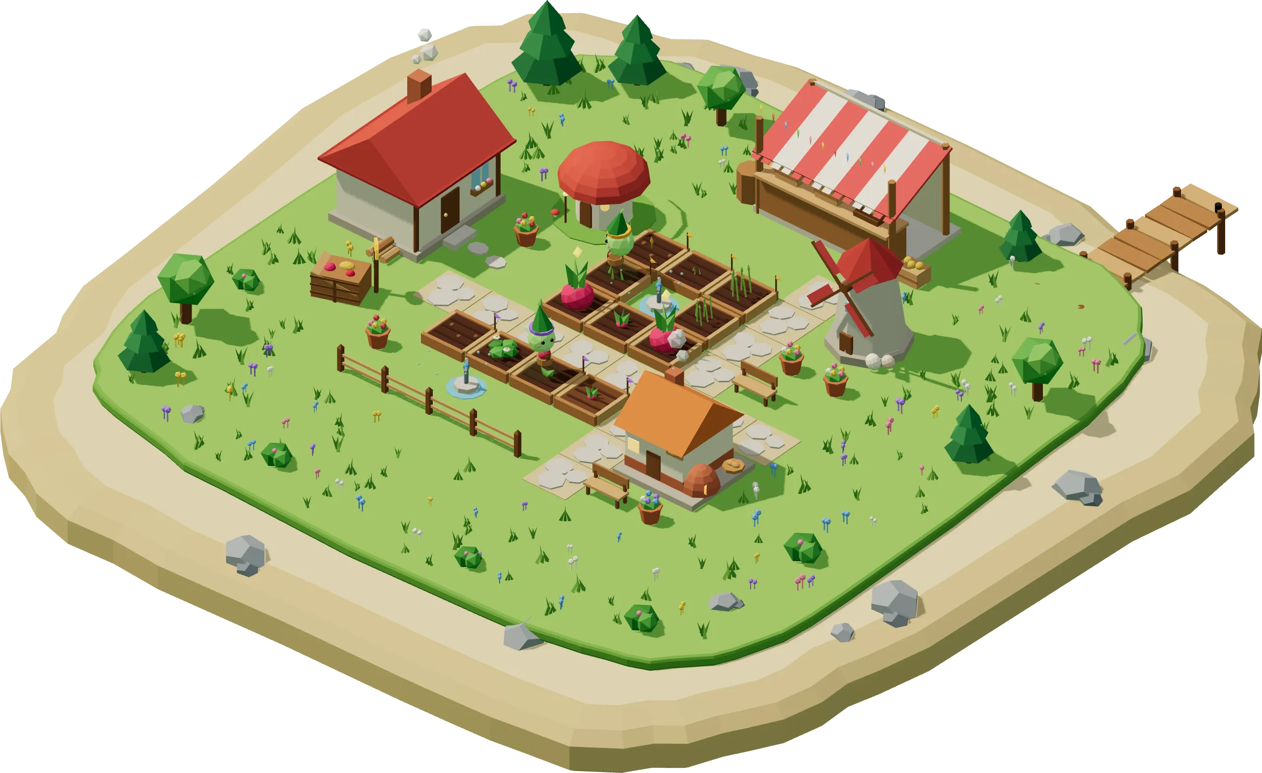 Die Insel aus dem Spiel: Bauernhaus, Beete mit Radieschen, Weizen und Erdbeeren, Helferhütte, Mühle, Backstube und der eröffnete Hofmarkt mit Steg.